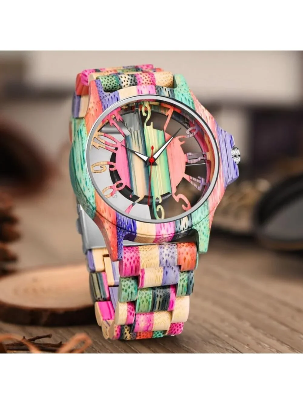 Men's Multicolor Analog Quartz Handmade Colorful Bamboo Engraved Wooden Watch